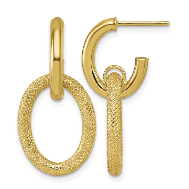 A pair of gold hoop earrings with a polished outer surface and textured mesh inner surface, shown from front and side angles.