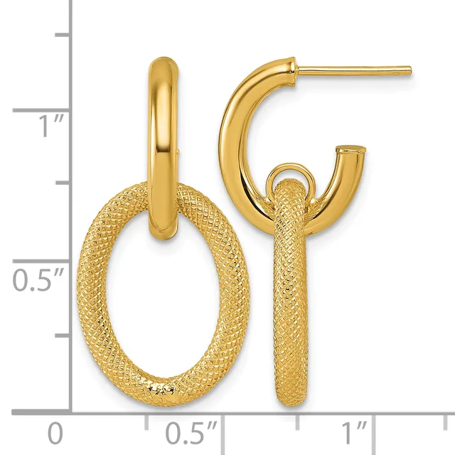 Pair of gold textured hoop earrings with smooth polished tops, displayed next to a ruler showing approximately one inch in length.