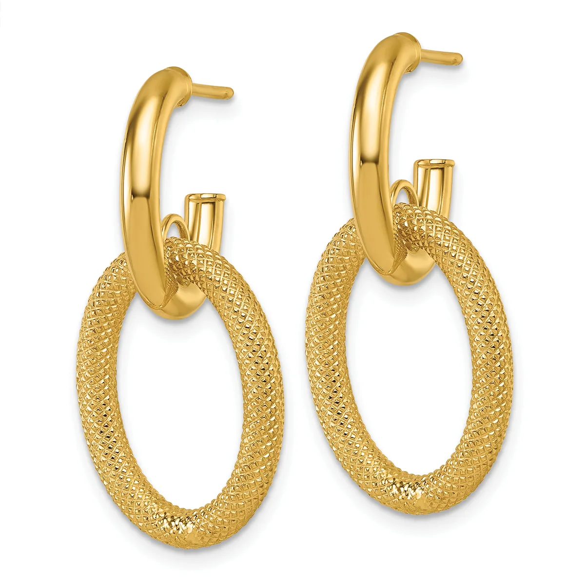 A pair of gold hoop earrings with polished curved posts attached to textured oval-shaped hoops featuring a crosshatch surface pattern.