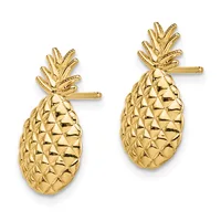 Pair of gold pineapple-shaped stud earrings with textured bodies and leafy crowns on post and clutch backings.