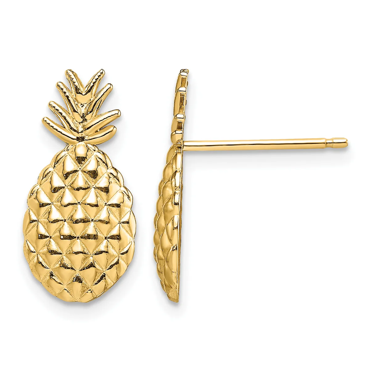 Gold pineapple stud earrings shown from front and side views, featuring textured fruit body and leafy crown on posts.
