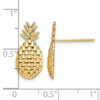 Gold pineapple stud earrings shown front and back view with a measurement scale indicating approximately 0.75 inches tall.