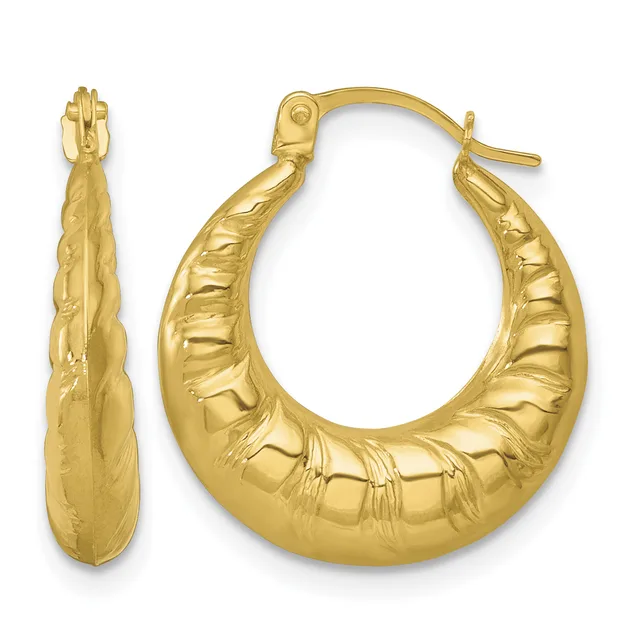 Pair of gold textured hoop earrings with a scalloped design, shown from front and side views.