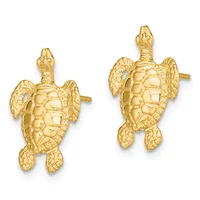 Pair of gold-colored sea turtle stud earrings with detailed shell and flipper texturing, shown from above on a white background.