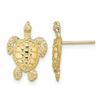 A pair of gold sea turtle stud earrings shown from front and side views, featuring detailed shell and flipper texturing with a post and back closure.