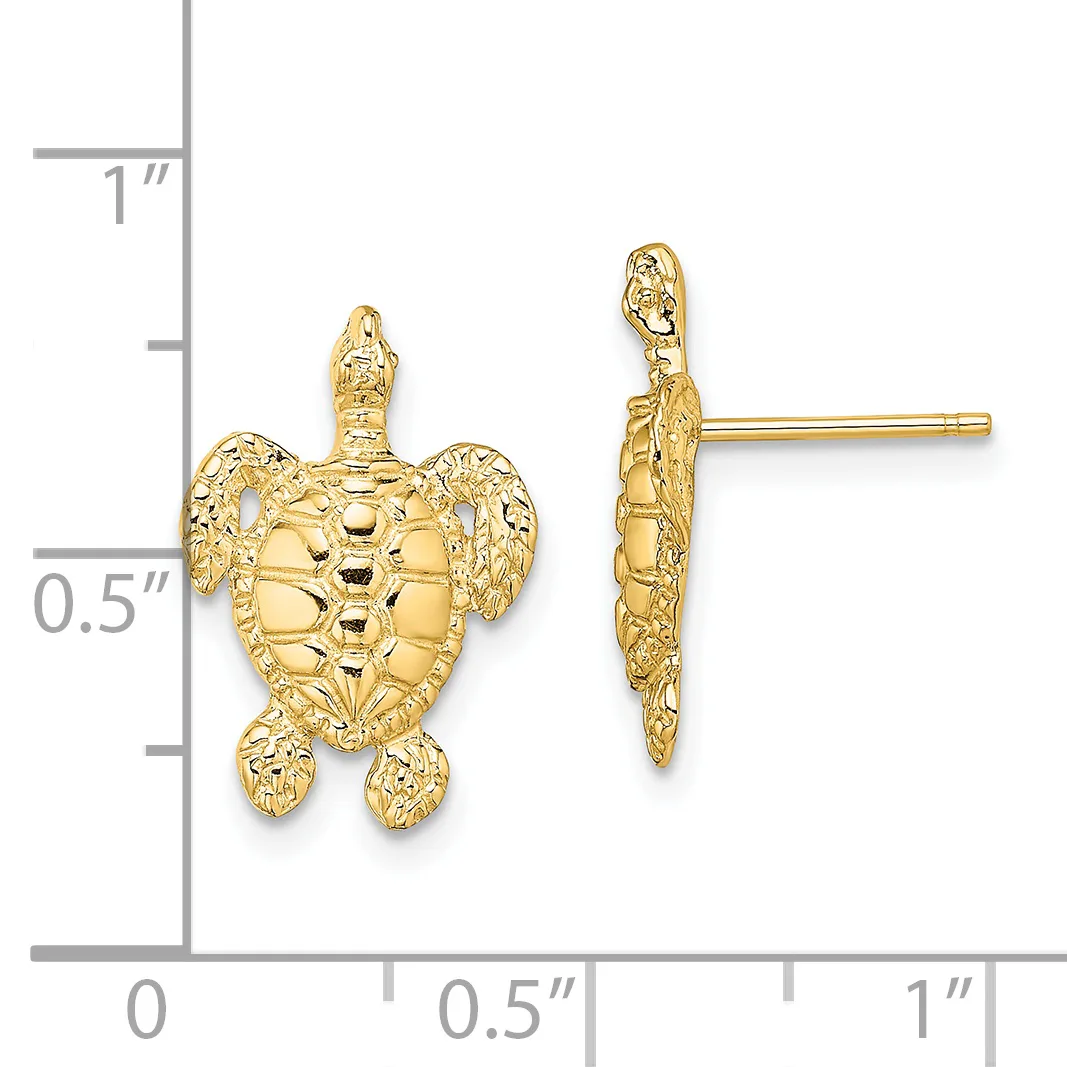 Gold turtle stud earrings shown front and side view next to a ruler measuring approximately 0.75 inches tall.
