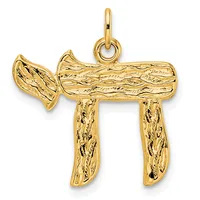 Gold pendant in the shape of the Hebrew letter Chai, featuring textured surface details and a loop attachment at the top.