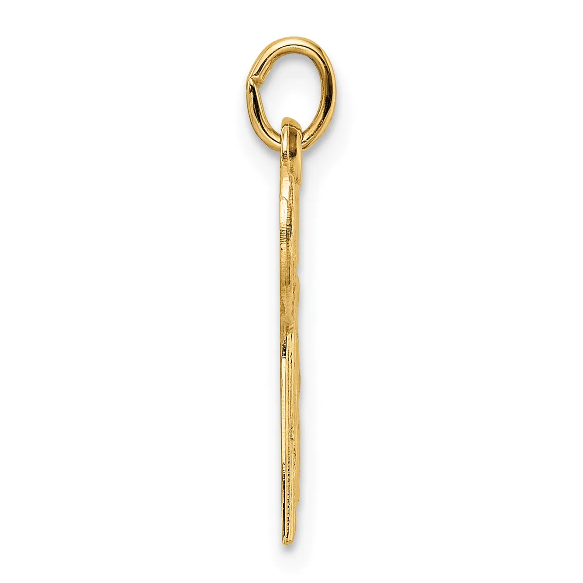 A gold pendant charm consisting of an oval loop at the top connected to a long, thin tapered rod with a small stamped hallmark, shown against a white background.