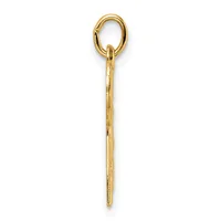 A gold pendant charm consisting of an oval loop at the top connected to a long, thin tapered rod with a small stamped hallmark, shown against a white background.