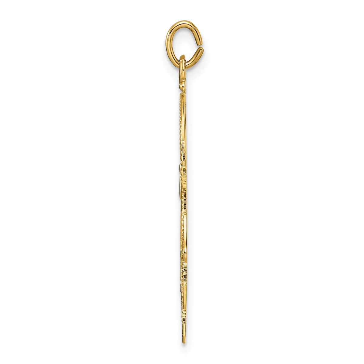 A long, thin gold pendant with a loop at the top and a pointed end at the bottom, displayed vertically against a white background.