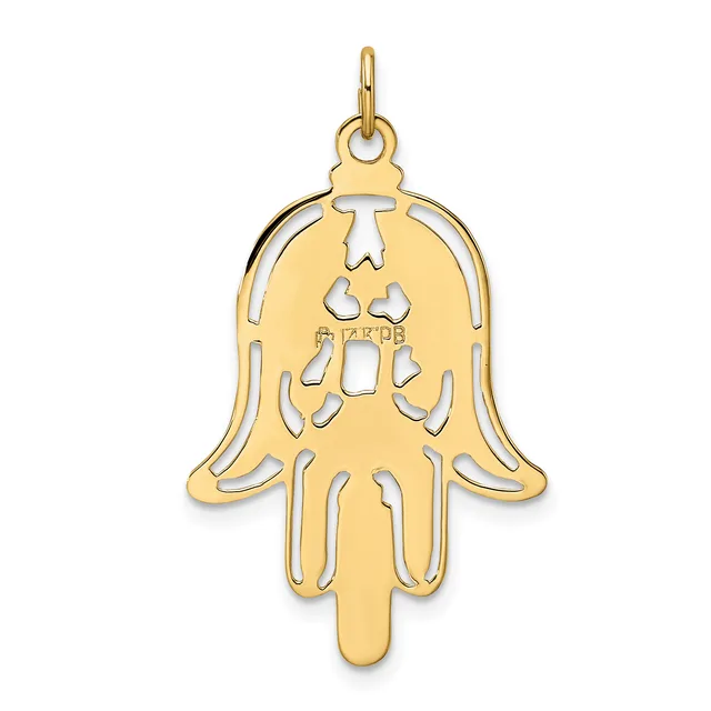 Gold hamsa hand pendant with cutout details and a small loop at the top for hanging.