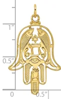 Gold-toned Hamsa hand pendant with Star of David, decorative wings, and ornamental details, shown with a measurement scale indicating approximately one inch in height.