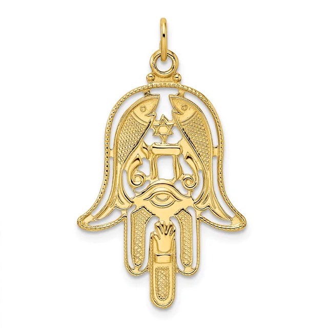 Gold pendant in the shape of a hamsa hand with two fish at the top, a Star of David in the center, and a small hallmark on the bail.