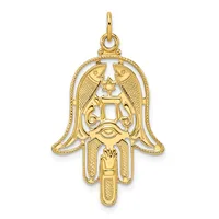 Gold pendant in the shape of a hamsa hand with two fish at the top, a Star of David in the center, and a small hallmark on the bail.