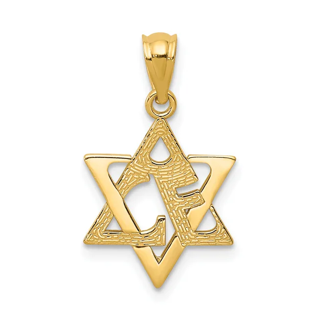 A gold Star of David pendant with textured center and smooth outer points, suspended from a gold bail.