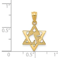 A gold Star of David pendant with textured surface detail shown next to a measurement scale indicating it is approximately half an inch wide.