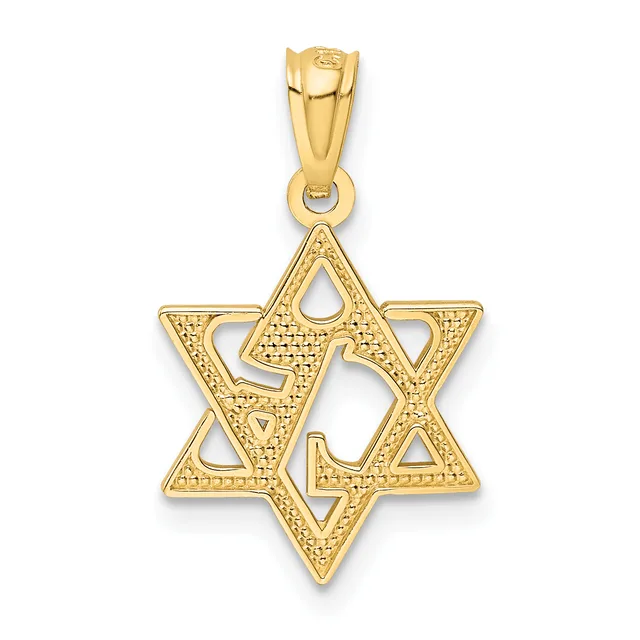 A gold Star of David pendant with textured surface details and a small loop bail at the top, shown against a white background.