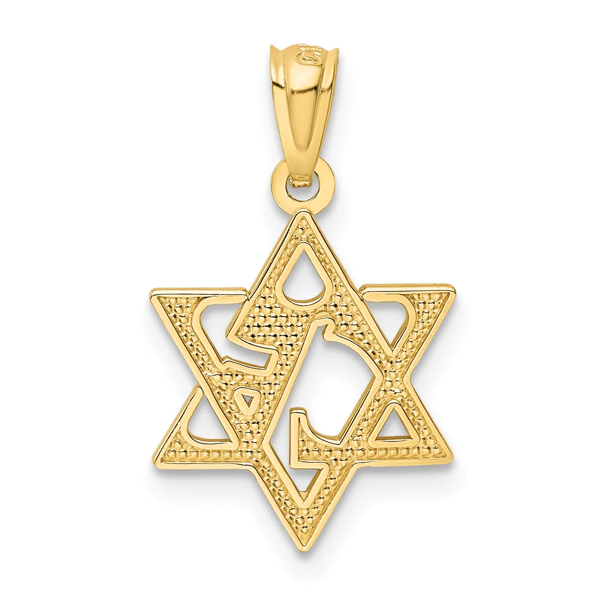 A gold Star of David pendant with textured surface details and a small loop bail at the top, shown against a white background.