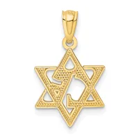 A gold Star of David pendant with textured surface details and a small loop bail at the top, shown against a white background.