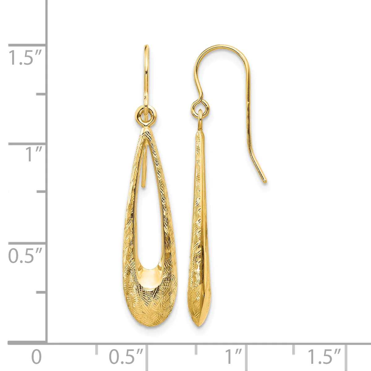 Pair of gold teardrop earrings with textured surface and French wire hooks, displayed next to a ruler showing approximately 1.25 inches in length.