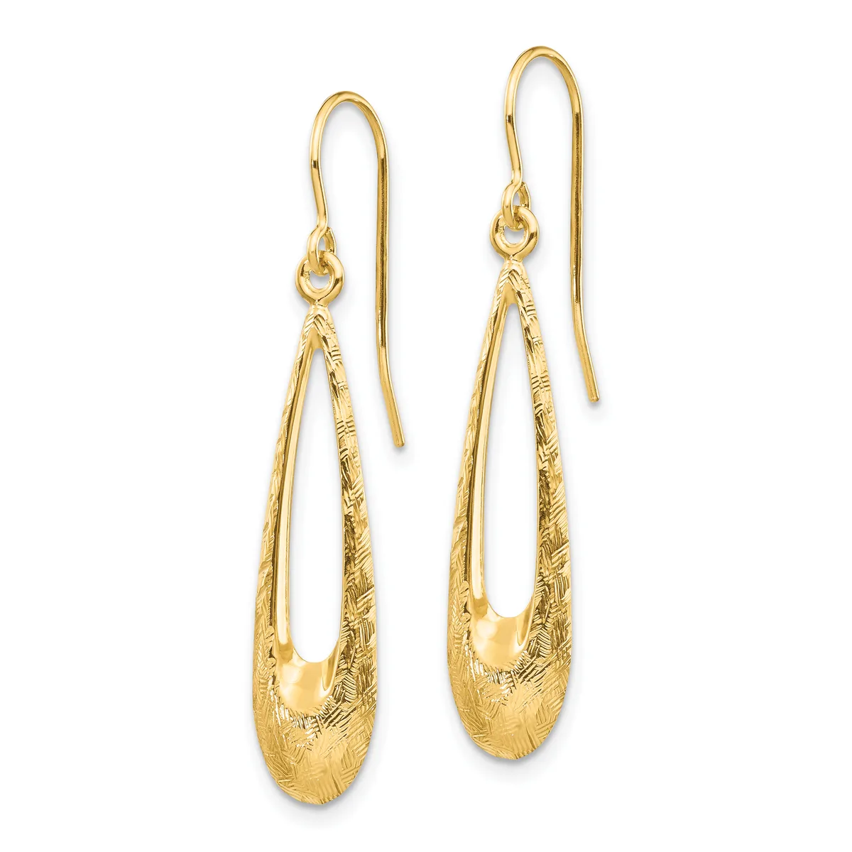 Pair of gold teardrop-shaped dangle earrings with textured surfaces and hook-style ear wires, displayed against a white background.