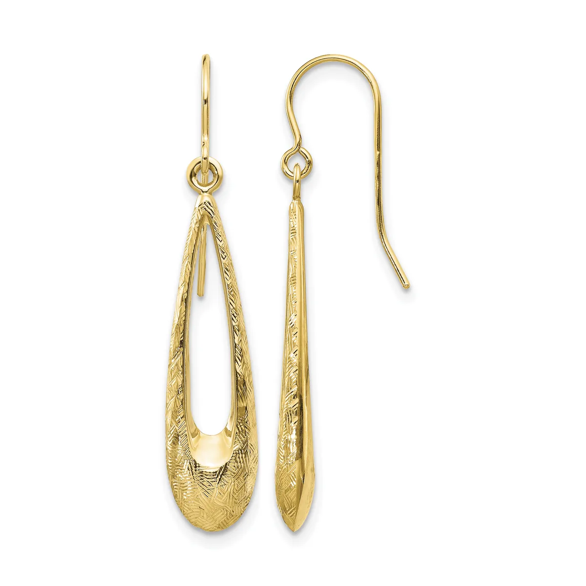 A pair of gold teardrop earrings with textured surfaces hanging from curved ear wires, displayed side by side.