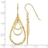 Gold teardrop earrings with textured and smooth nested loops, shown next to a ruler measuring approximately 1.5 inches long with fish hook ear wires.