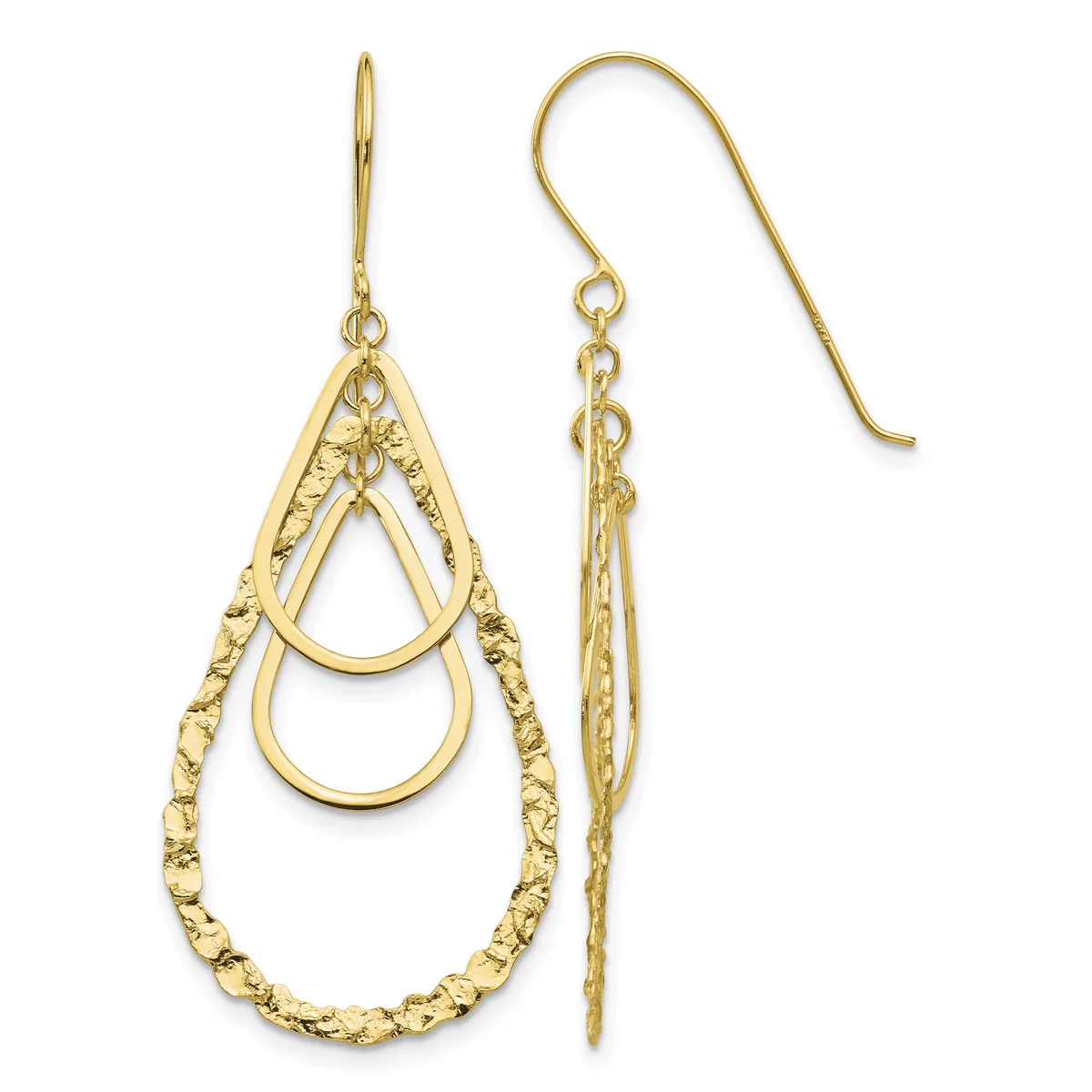 Pair of gold teardrop earrings with textured outer loop and smooth nested inner loops, shown front and side view with French wire hooks.