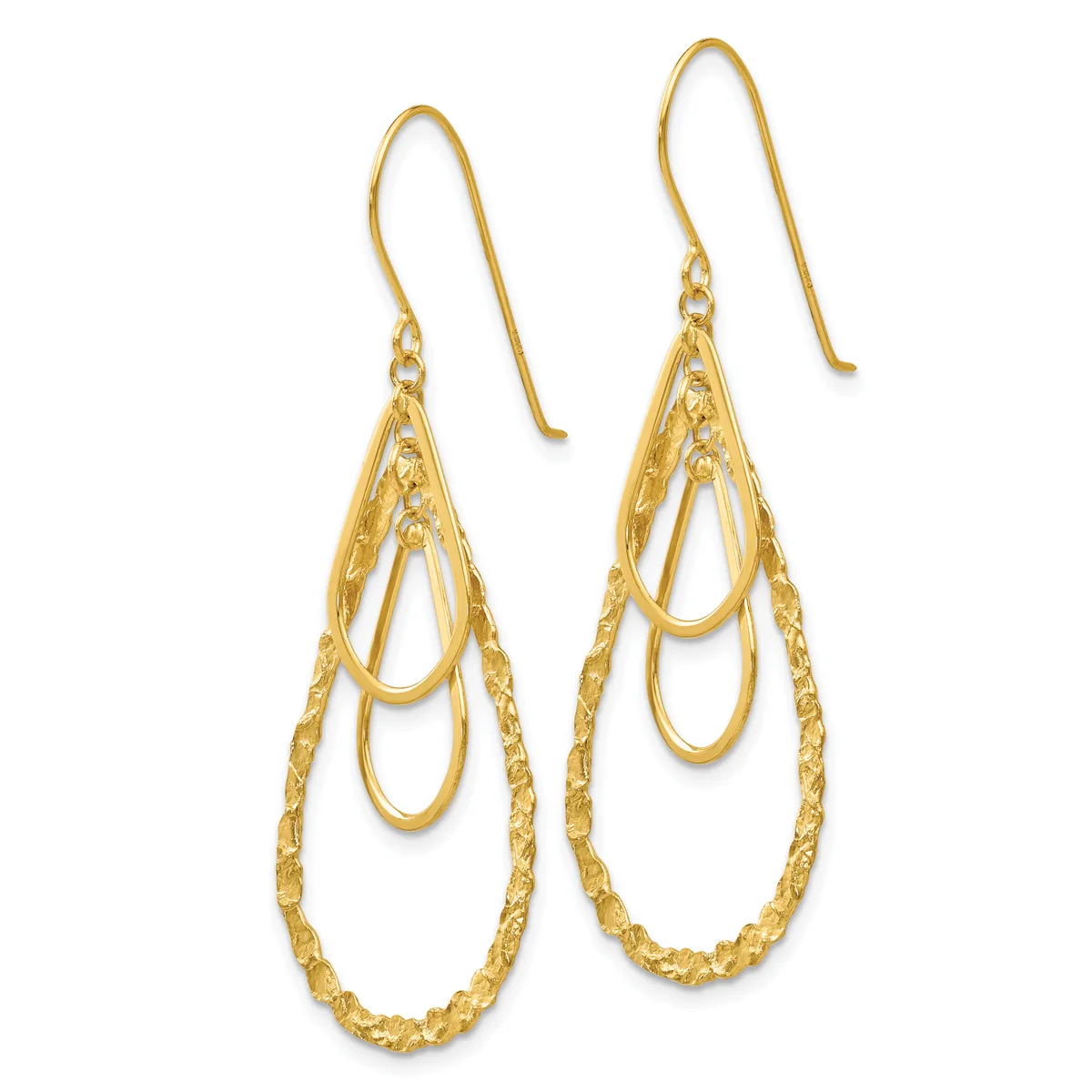 Pair of gold teardrop dangle earrings with textured outer loops and smooth inner loops, suspended from curved ear wires.