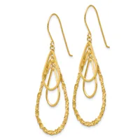 Pair of gold teardrop dangle earrings with textured outer loops and smooth inner loops, suspended from curved ear wires.