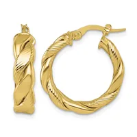 A pair of gold twisted hoop earrings with post and clutch closures, shown from front and side views.