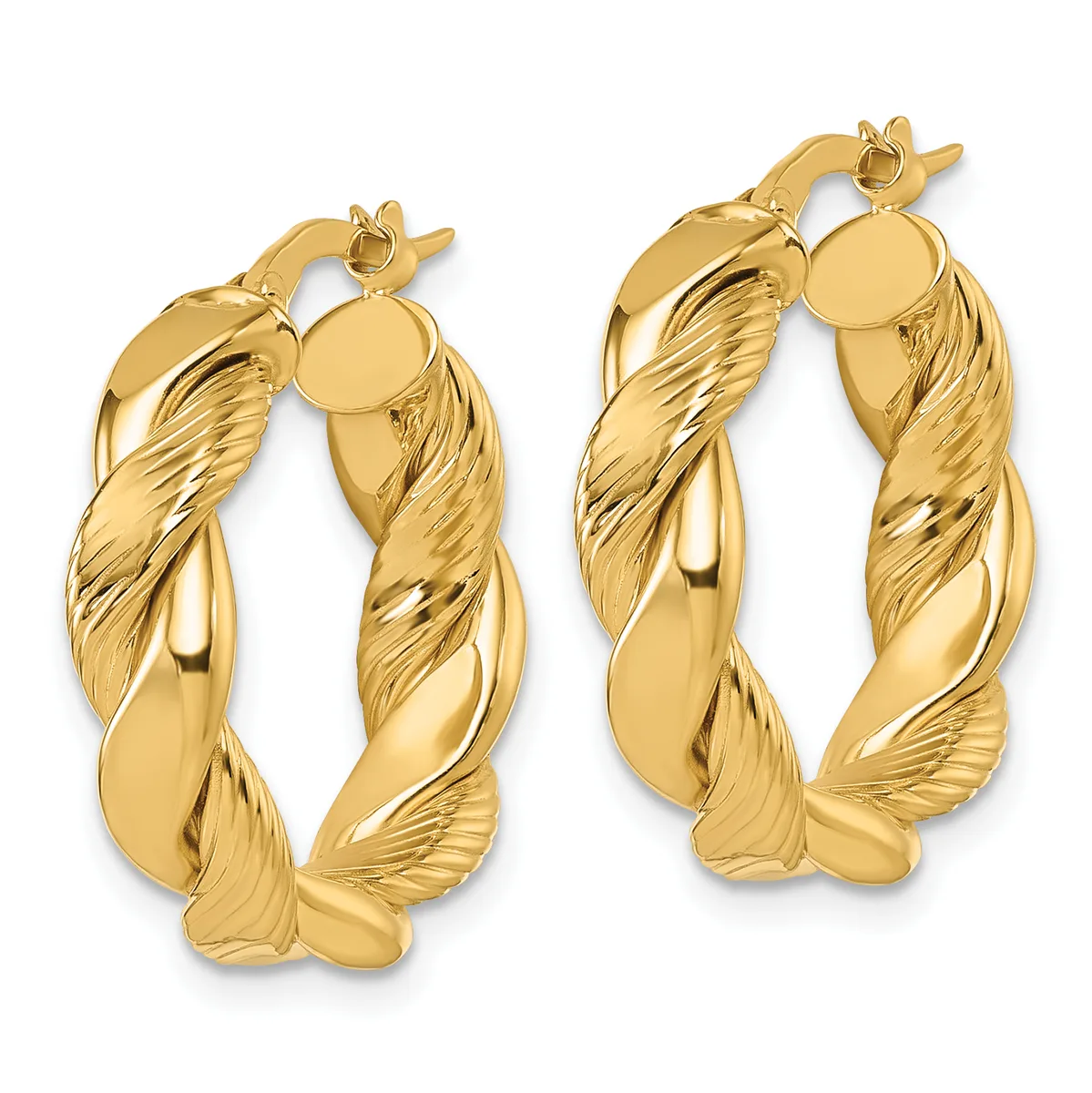 Pair of gold twisted hoop earrings with textured surfaces and small circular post tops, shown from a front view.
