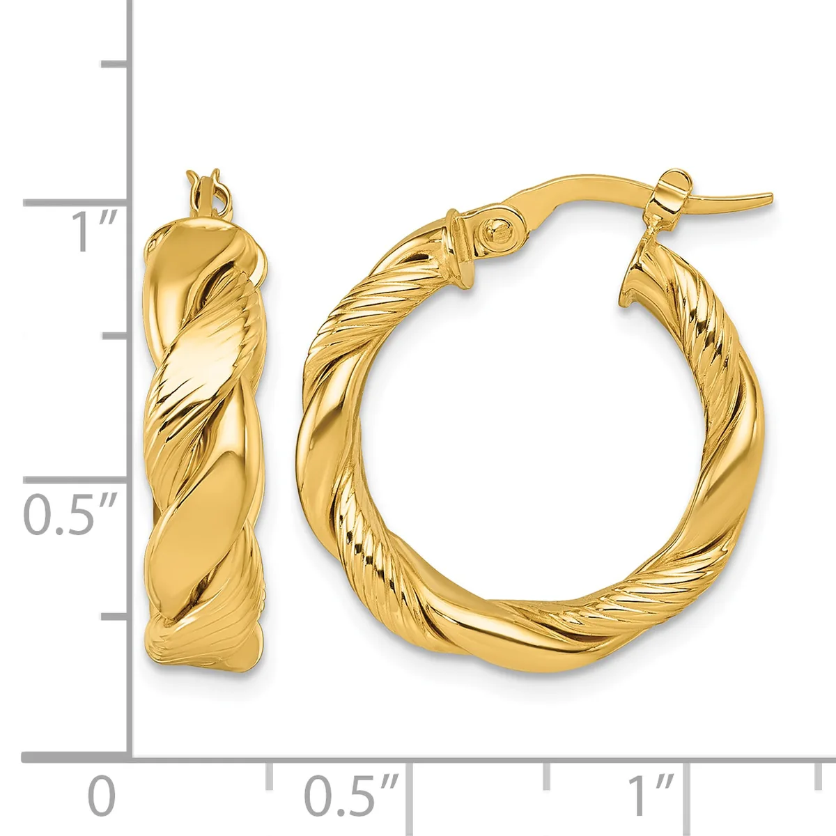 A pair of twisted gold hoop earrings with textured surfaces, displayed next to a ruler showing they measure approximately one inch in diameter.