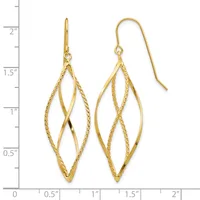Pair of gold-toned dangling earrings with elongated almond-shaped frames featuring twisted textured inner bars, displayed against a measurement scale.