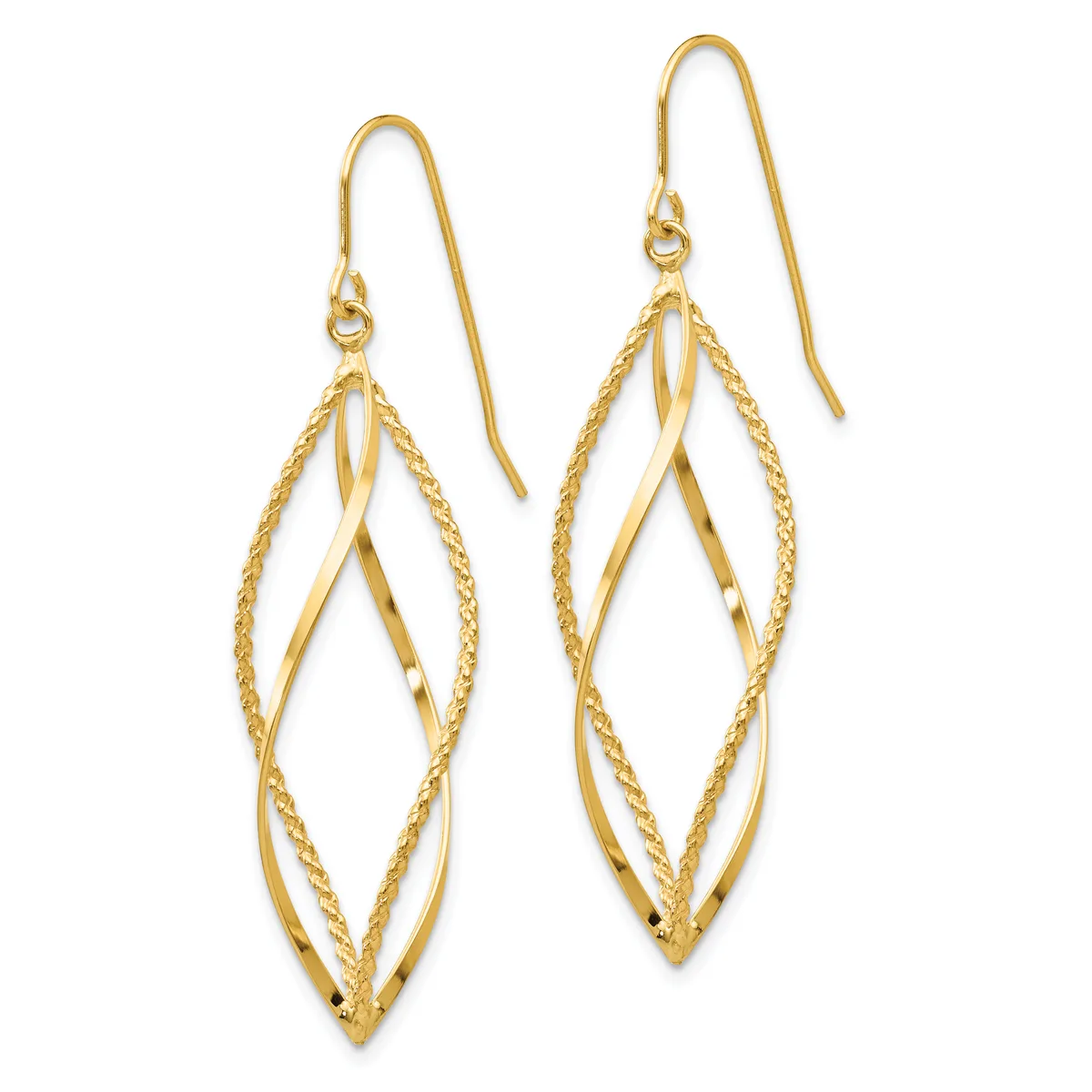 A pair of gold drop earrings with twisted and smooth intertwined oval shapes, suspended from curved ear wires.
