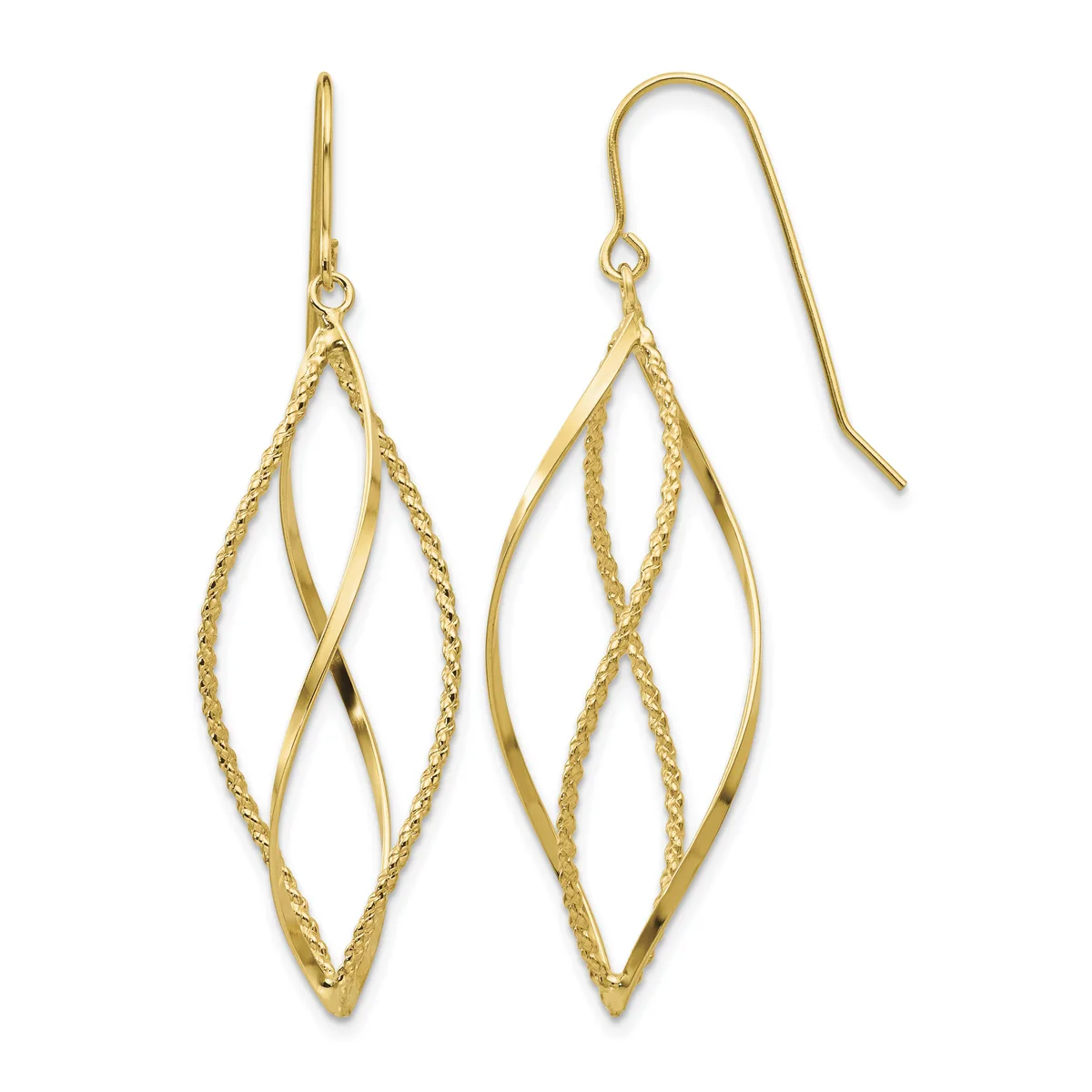 Pair of gold-toned drop earrings with twisted textured outer ovals and smooth inner ovals creating an open lattice design, shown on matching ear wires.