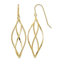 Pair of gold-toned drop earrings with twisted textured outer ovals and smooth inner ovals creating an open lattice design, shown on matching ear wires.