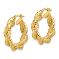 Pair of gold twisted hoop earrings with textured surfaces and post backs, displayed against a white background.