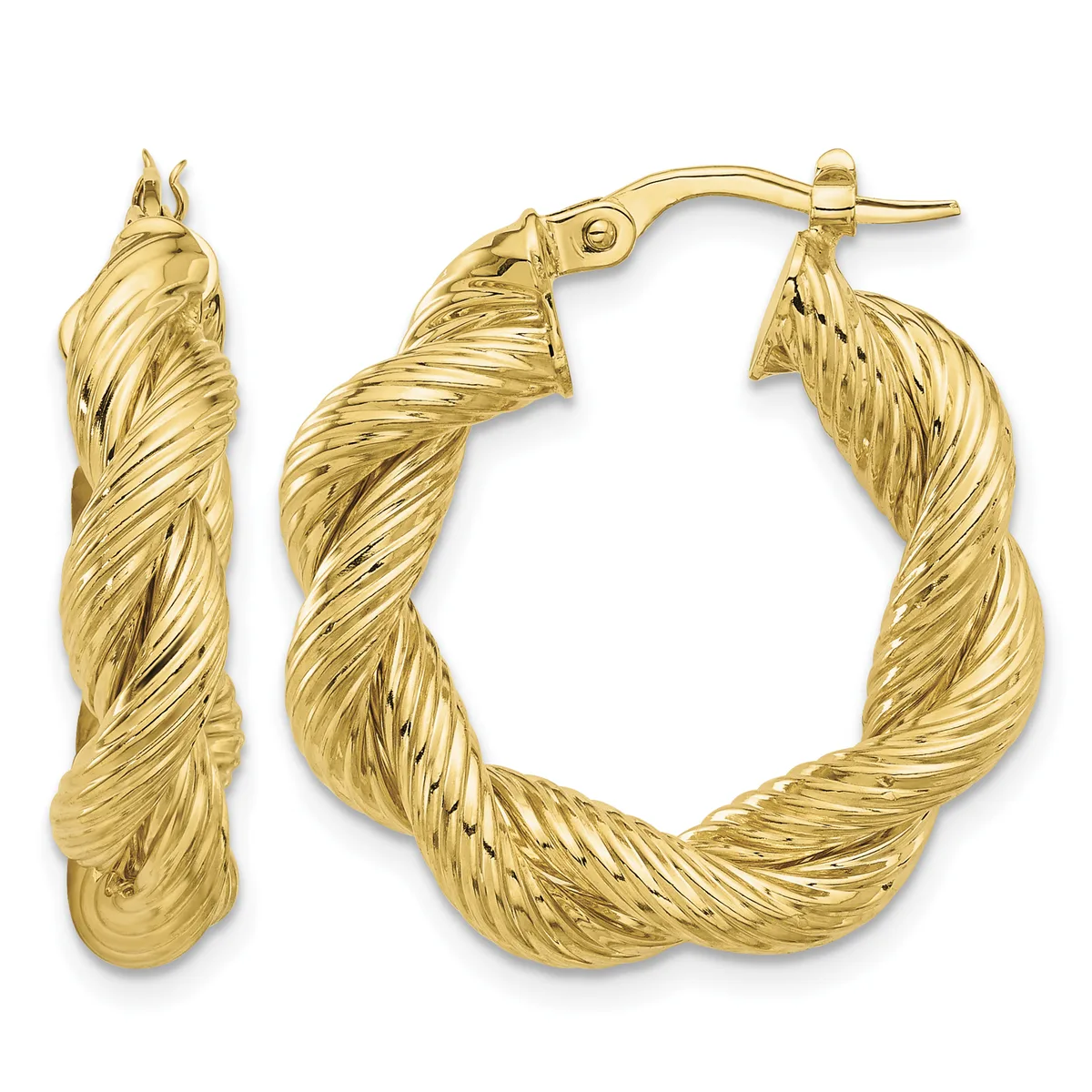 A pair of gold twisted hoop earrings with textured spiral detailing and post-and-clutch closures, shown from front and side angles.