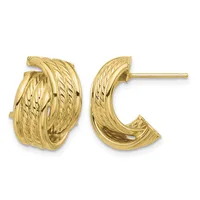 A pair of gold hoop earrings with a textured, twisted surface finish and post backs, shown from the front and side.