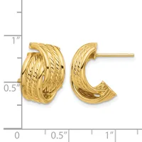 Pair of gold textured chunky curved hoop earrings with post backs, displayed against a measurement scale showing approximately half-inch height.