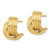 Pair of gold-colored ridged hoop earrings with post and clutch backs, displayed against a white background.
