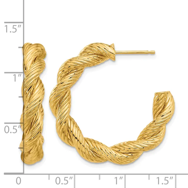 Pair of twisted gold hoop earrings with post backs, displayed against a measurement scale showing approximately one inch in length.