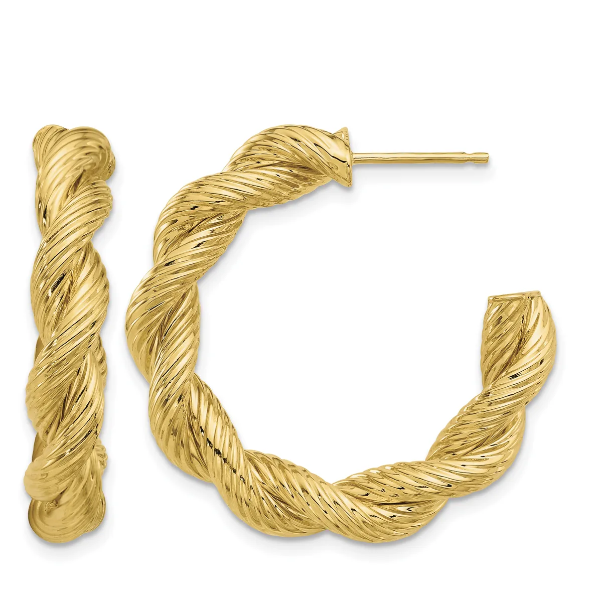 Pair of twisted gold hoop earrings with textured diagonal striping, shown from the front with posts and backs visible.
