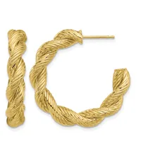 Pair of twisted gold hoop earrings with textured diagonal striping, shown from the front with posts and backs visible.