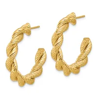 A pair of gold twisted hoop earrings with textured surfaces and post-back closures, displayed side by side.