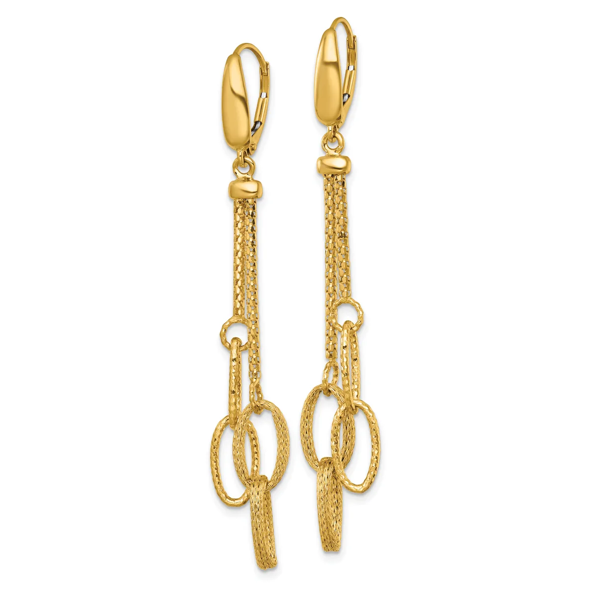 Pair of gold-toned drop earrings with polished oval tops connected to textured chain segments with dangling loop charms at the bottom.