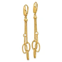 Pair of gold-toned drop earrings with polished oval tops connected to textured chain segments with dangling loop charms at the bottom.