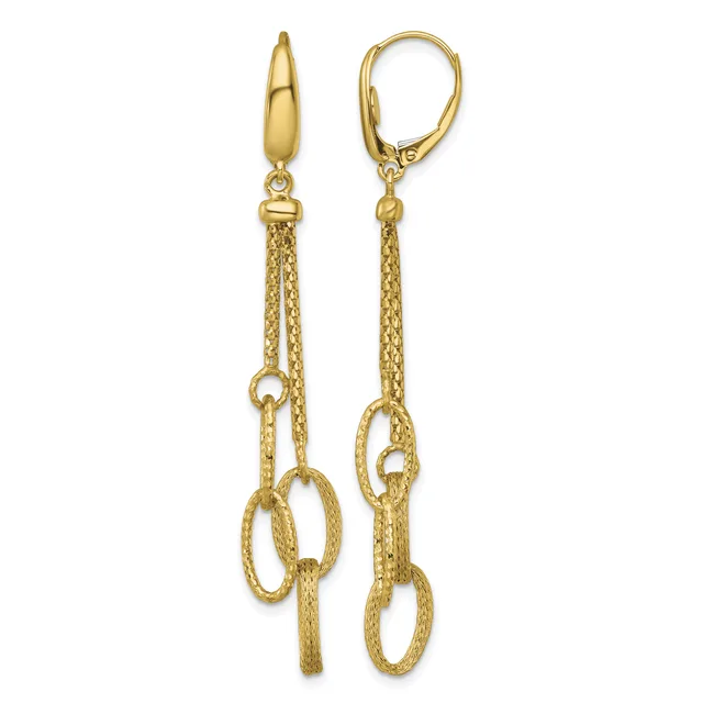Pair of gold-toned dangle earrings with lever-back closures, featuring textured chain strands and loop accents hanging from polished teardrop-shaped tops.