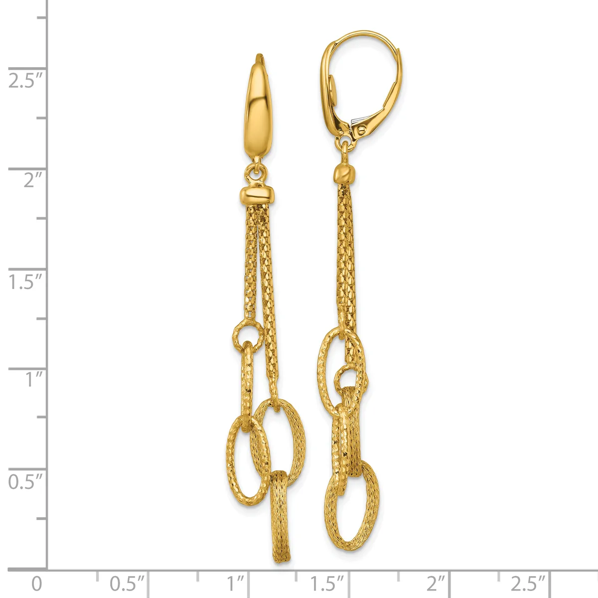 Two gold dangle earrings with leverback closures, featuring textured chain strands with small loop connectors at the ends, displayed against a measurement scale.